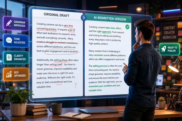 Content creator reviewing an article before and after AI rewriting to improve clarity, tone, grammar, and readability.