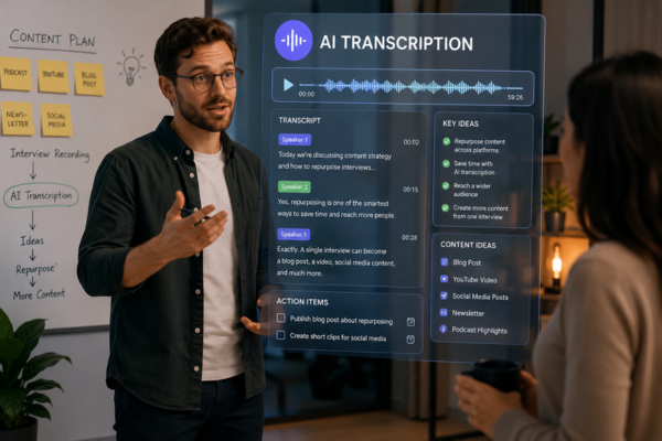 Content creator discussing ideas during a meeting while AI transcription automatically converts conversations into searchable transcripts, summaries, action items, and content ideas.