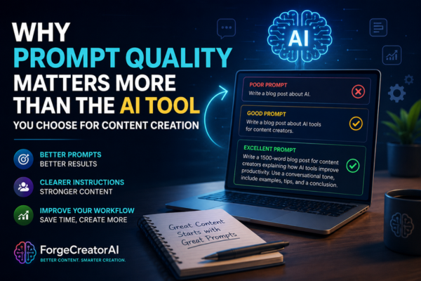Prompt quality illustration showing a content creator writing structured AI prompts for better AI-generated content.