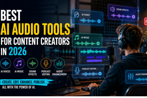 Best AI audio tools for content creators in 2026, featuring AI voices, music, sound effects, podcast editing, and audio enhancement.